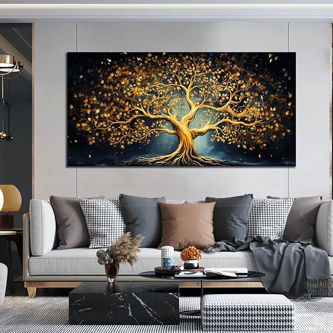 Ouzzlie Black Art for Office Decor Tree Wall Decor Living Room Modern Large Gold Canvas Wall Art for Bedroom 29" x 59"