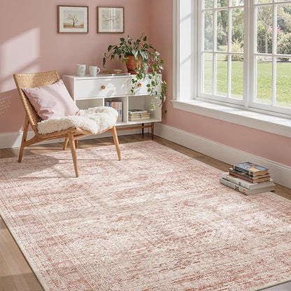 Soalmost 5x7 Area Rugs Pink Low Pile Indoor Washable Trendy Faded Style Rugs for Bedroom Living Room Dining Room Foldable Non-Slip Thin Print Mat