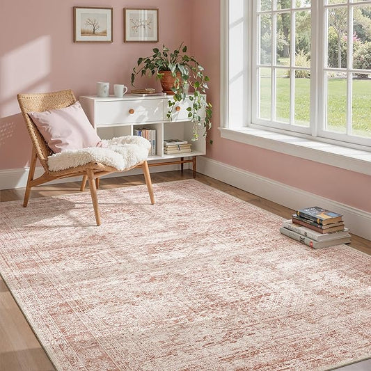 Soalmost 5x7 Area Rugs Pink Low Pile Indoor Washable Trendy Faded Style Rugs for Bedroom Living Room Dining Room Foldable Non-Slip Thin Print Mat