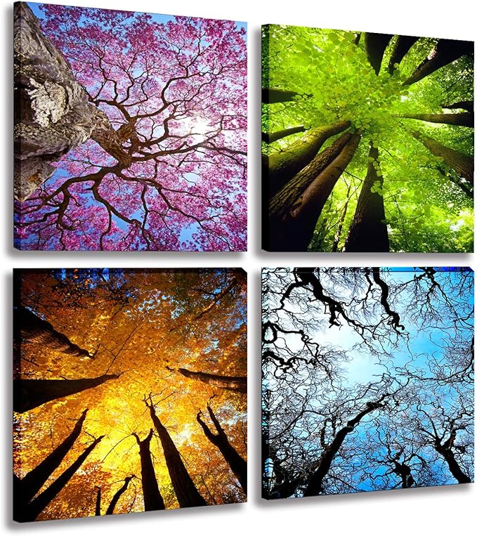 MESESE Art 4 Panels Canvas Wall Art Spring Summer Autumn Winter Four Seasons Landscape Color Tree Painting Picture Prints Modern Giclee Artwork Stretched and Framed for Living Room Home Decoration