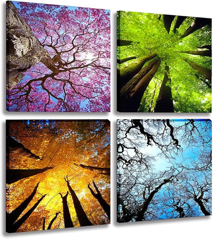 MESESE Art 4 Panels Canvas Wall Art Spring Summer Autumn Winter Four Seasons Landscape Color Tree Painting Picture Prints Modern Giclee Artwork Stretched and Framed for Living Room Home Decoration