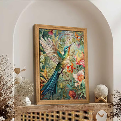 Framed Vintage 3D Textured Wall Art - Colorful Hummingbird Floral Wall Decor - Hand Painted Sandstone Nature Botanical Picture for Living Room Bedroom Home Decor 16x24 inch