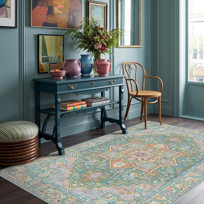 Kokia 6x9 Washable Turquoise Teal Area Rugs with Vintage Orient Design Soft Rug for Living Room or Home Office Non-Slip Low Pile Stain Resistance Features Distressed Medallion Pattern