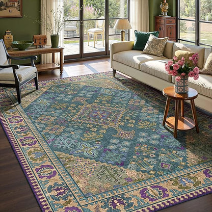 8x10 Area Rugs for Living Room, Machine Washable Low Pile Rug, Non Slip Backing Boho Rugs for Bedroom, Printed Soft Vintage Carpet Teal Green Purple 8 x 10