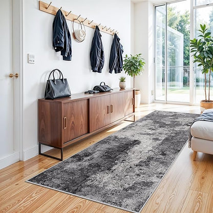 Abstract Kitchen Runner Rug 3x8: Washable Non Slip Carpet Runner for Hallway Bedroom Laundry - Low Pile Ultra Thin Modern Entryway Throw Carpet - Soft Boho Floor Mat for Home Decor (3X8 Black-Grey)