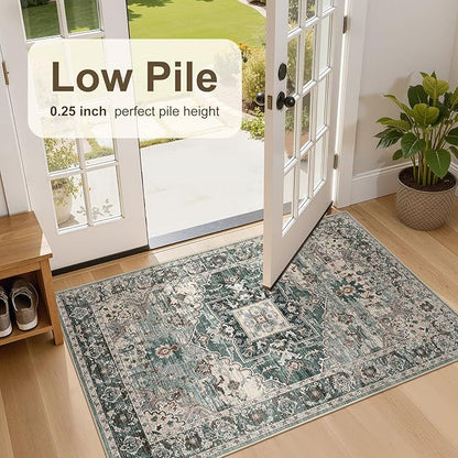 3x5 Washable Area Rugs for Living Room: Non Slip Vintage Green Rug, Large Soft Stain Resistant Indoor Floor Carpets for Bedroom Dining Room Nursery Home Office Kid & Pet Friendly