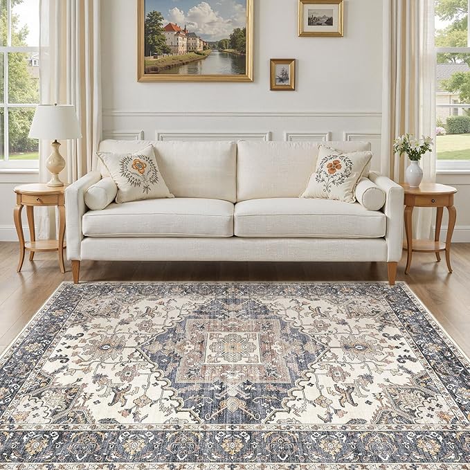 5x8 Washable Area Rugs for Living Room: Non Slip Vintage Beige Blue Rug, Large Soft Stain Resistant Indoor Floor Carpets for Bedroom Dining Room Nursery Home Office Kid & Pet Friendly