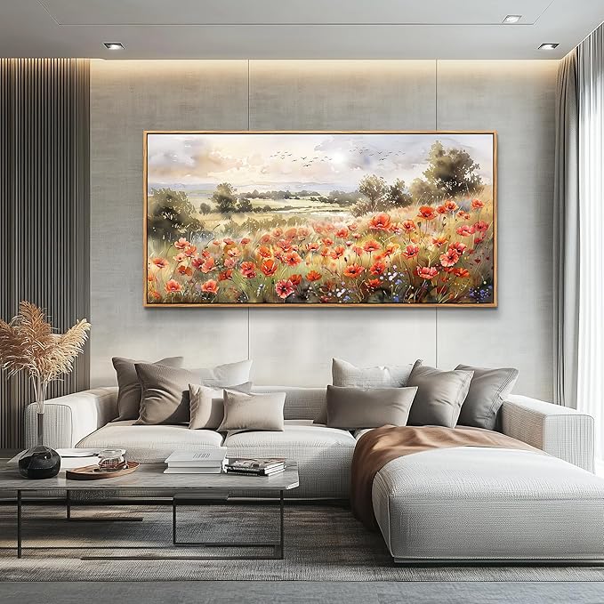 QIYILEXWART Canvas Wall Art For Living Room Large Wall Decor For Office Bedroom Decorations Red Blooms Field Landscape Pictures Farmhouse Painting Artwork Room Wall Mural Aesthetic Home Decor 30x60 In