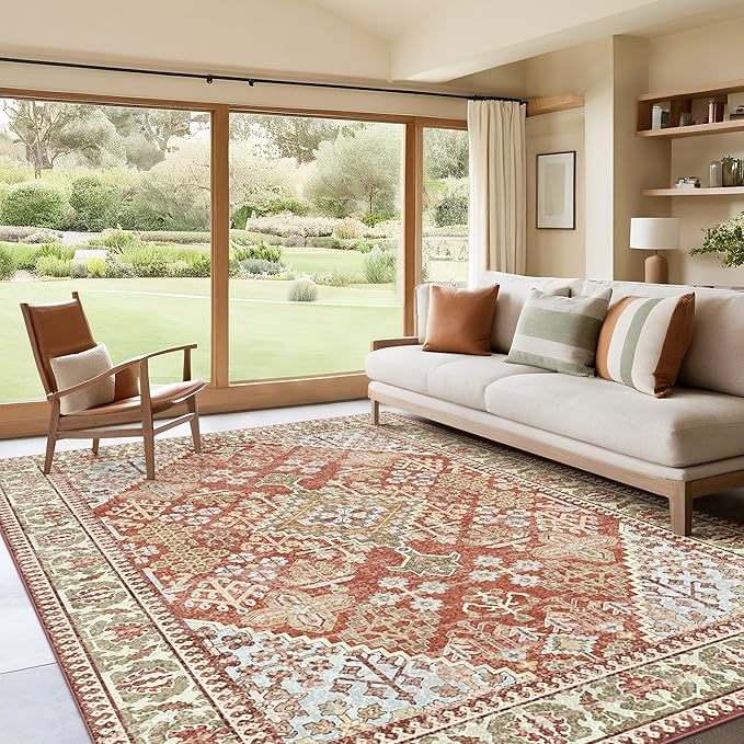 Kokia 8x10 Area Rugs for Living Room, Machine Washable Low Pile Rug, Non Slip Backing Boho Rugs for Bedroom, Printed Soft Vintage Carpet Orange 8 x 10