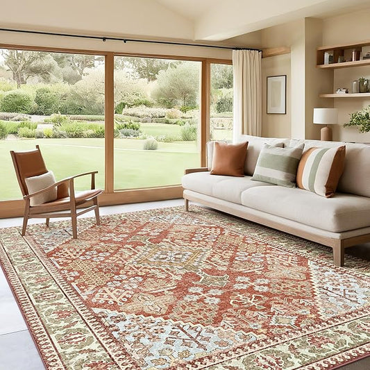Kokia 8x10 Area Rugs for Living Room, Machine Washable Low Pile Rug, Non Slip Backing Boho Rugs for Bedroom, Printed Soft Vintage Carpet Orange 8 x 10
