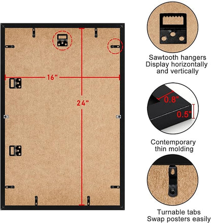 ELSKER&HOME 16x24 Poster Frame 3 Pack, Black Picture Frame Display Poster 12 x 18 with Mat or 16 x 24 Without Mat, Horizontal and Vertical Wall Mounting