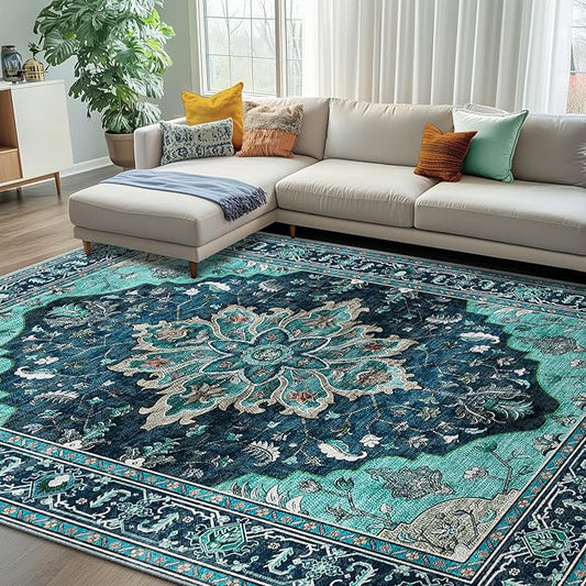 RELEANY Area Rugs 7'x10' Washable Non-Slip, Floral Vintage Distress Print Pattern Medallion Carpet for Living Room Bedroom Dining Room, Teal Green Lake Blue Turquoise
