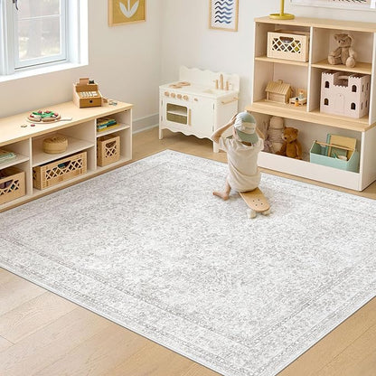 5x7 Area Rugs for Living Room: Washable Vintage Floral Rug Low Pile Non-Slip Boho Carpet for Nursery Bedroom Dining Room (Floral Grey, 5'x7')