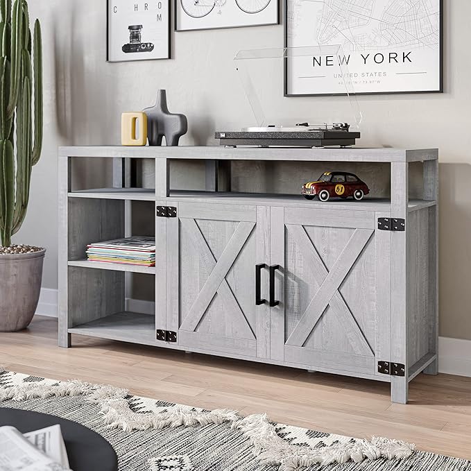 BELLEZE 58" TV Stand for TVs Up to 65", Modern Entertainment Center & TV Cabinet with Storage Shelves and Cabinet, Wood Storage Cabinet Media Console Table for Living Room Bedroom, Stone Grey