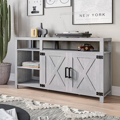 BELLEZE 58" TV Stand for TVs Up to 65", Modern Entertainment Center & TV Cabinet with Storage Shelves and Cabinet, Wood Storage Cabinet Media Console Table for Living Room Bedroom, Stone Grey