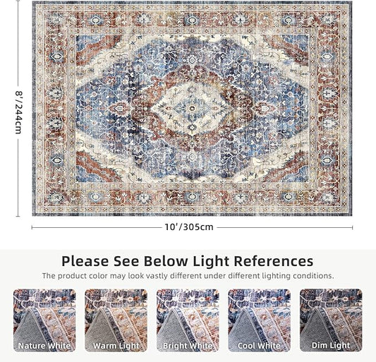 Deerly Rug 8x10 Area Rug Boho Washable Rug Large Rugs for Bedroom Living Room Vintage Non-Slip Oriental Distressed Carpet Indoor Stain Resistant(Border Brown/Navy Blue)