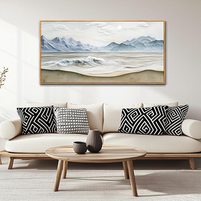 Wapluam Large Framed Canavs Wall Art,Ocean Wall Decor Living Room,Beach Pictures Wall Art,Nature Rustic Coastal Landscape Mountain Painting, Above Bed Wall Art, Sea Waves Artwork for Bedroom Bathroom