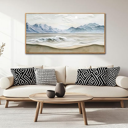 Wapluam Large Framed Canavs Wall Art,Ocean Wall Decor Living Room,Beach Pictures Wall Art,Nature Rustic Coastal Landscape Mountain Painting, Above Bed Wall Art, Sea Waves Artwork for Bedroom Bathroom