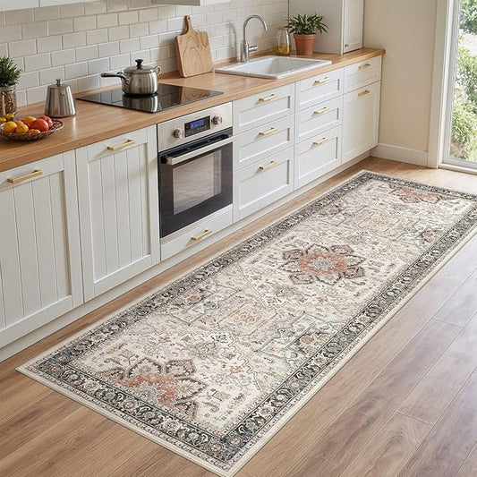 Area Rug for Living Room - 3x8 Large Soft Washable Oriental Vintage Floral Carpet Safe for Babies & Pets - Fade Stain Resistant Non Slip Rugs for Bedroom Dining Room Nursery Dorm Office Home Decor