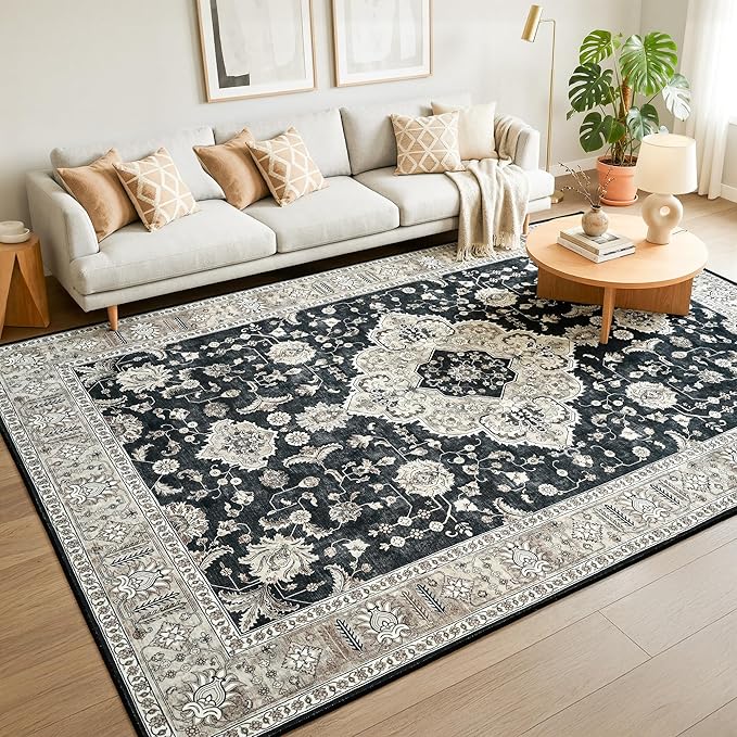 Maxsoft Large Area Rugs for Living Room Bedroom, 8x10 Black Gold Washable Rug with Rubber Backing, Non-Slip and Stain Resistant Soft Throw Indoor Carpet for Dining Room Office Kitchen Dorm Home Decor