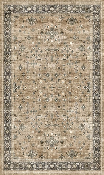 Boho Natural Earthy 3x5 Entryway Rug, Washable Mudroom Area Rug, Modern Vintage Kitchen Floor Carpet, Low Pile Non-Slip Carpet for Indoor Entrance and Laundry Room
