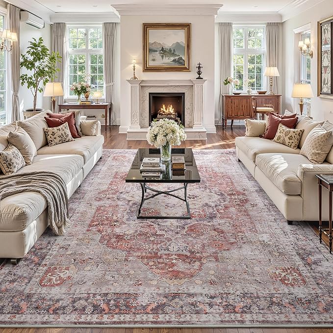 YOH Boho Washable Rug 6x9, Rust Red Vintage Non Slip Area Rug, Distressed Indoor Carpet for Living Room Bedroom Kitchen Office