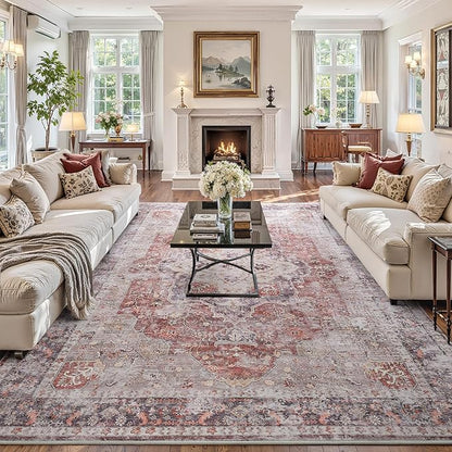 YOH Boho Washable Rug 6x9, Rust Red Vintage Non Slip Area Rug, Distressed Indoor Carpet for Living Room Bedroom Kitchen Office