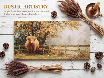 Ardemy Highland Cow Wall Art Mother and Baby Hand-painted Texture Canvas Painting 40"x20" Rustic Farmhouse Decor for Living Room Bedroom Home Office Animal Picture Artwork