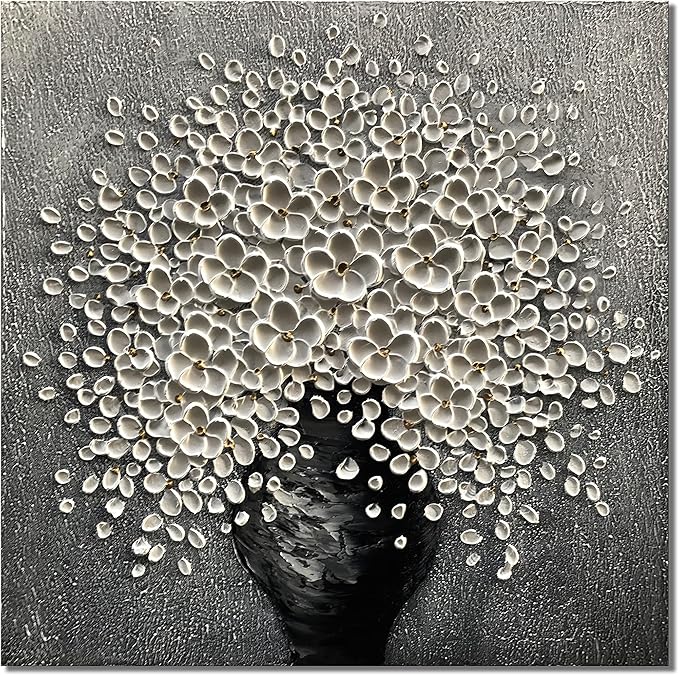 Canvas Wall Art Grey and White Flower Painting, 30x30 inchs Modern Flower Tray Knife Painting, Bedroom Kitchen Dining Room Living Room Office Home Wall Decoration