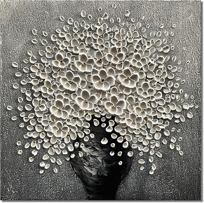 Canvas Wall Art Grey and White Flower Painting, 30x30 inchs Modern Flower Tray Knife Painting, Bedroom Kitchen Dining Room Living Room Office Home Wall Decoration