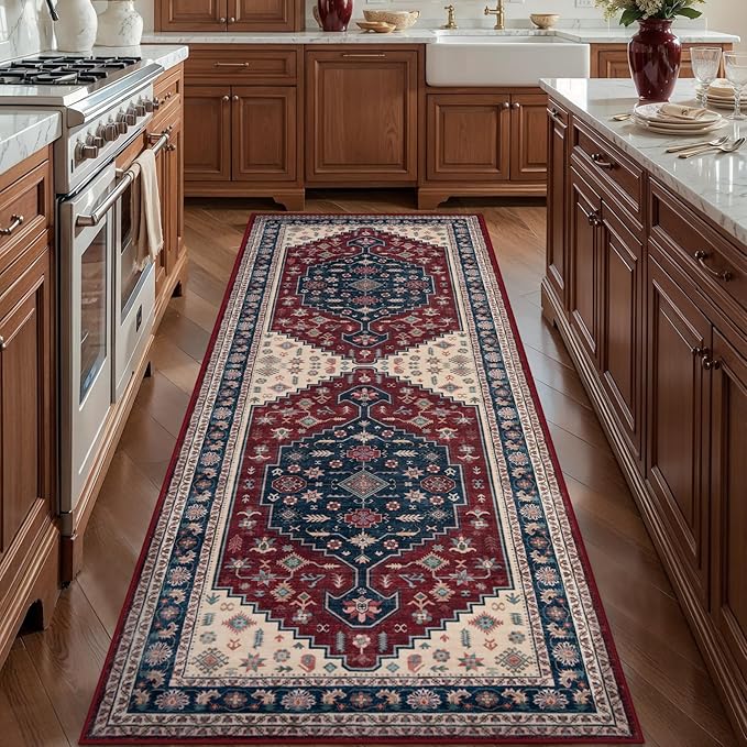 Tangsoo Vintage 2x6 Washable Runner Rug for Hallways,Boho Low Pile Long Rug Runner Carpet Soft Runner Mat for Laundry Kitchen Bedroom Entryway,Burgundy Blue