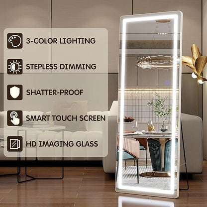 FENNIO Full Length Mirror with Lights, 57" x 17" LED Full Body Mirror, Free Standing Lighted Floor Mirror, Wall Mounted Hanging Mirror with Lights for Bedroom, Dimmable & 3 Color Lighting, White