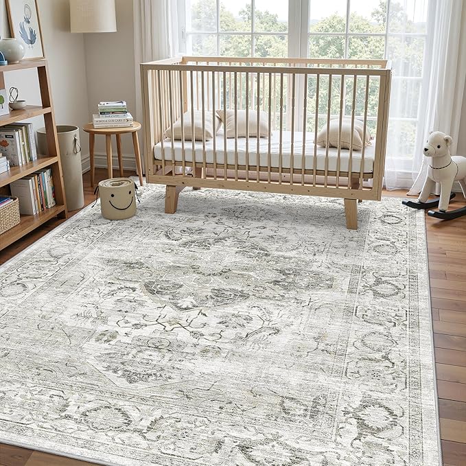 3x5 Rug with Non Slip Backing - Stain Resistant Washable Rugs for Living Room?Bedroom & Dining Room?Vintage Printed Home Decor Area Rug (Ivory/Gray,3'x5')