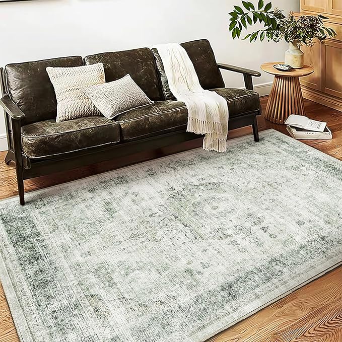 CHAMPLANT Area Rug 5'x7' Washable Rug Floral Green Vintage Traditional Floor Cover Thin Retro Kitchen Indoor Distressed Non Slip Carpet for Living Room Bedroom Dining Room