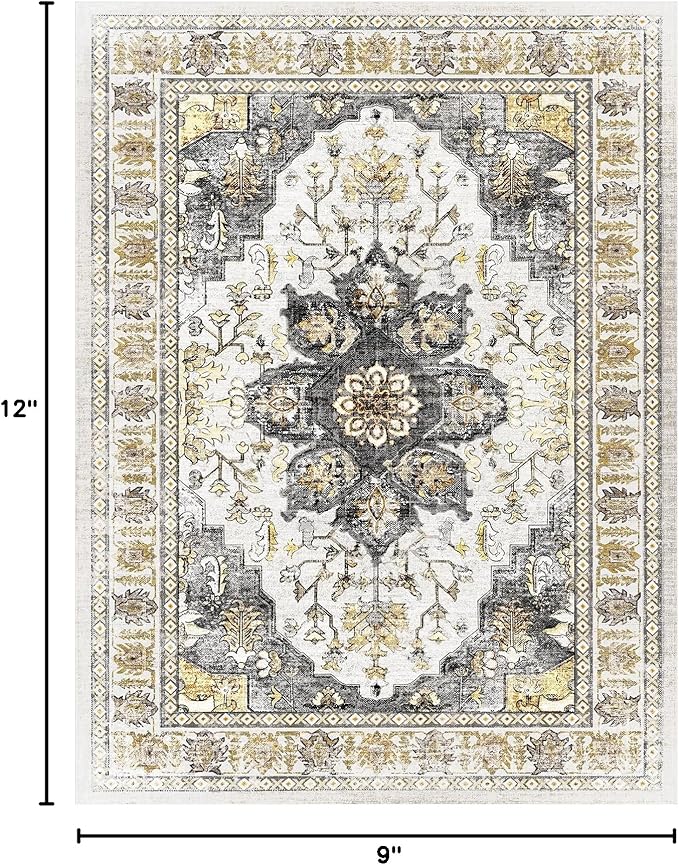BESTSWEETIE 9x12 Area Rug Washable Rugs for Living Room, No Pile Boho Carpet for Entryway Bedroom Dinning Room, Vintage Carpet Print Distressed Non-Slip, 9 x 12 ft, Grey Brown