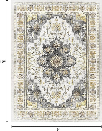 BESTSWEETIE 9x12 Area Rug Washable Rugs for Living Room, No Pile Boho Carpet for Entryway Bedroom Dinning Room, Vintage Carpet Print Distressed Non-Slip, 9 x 12 ft, Grey Brown