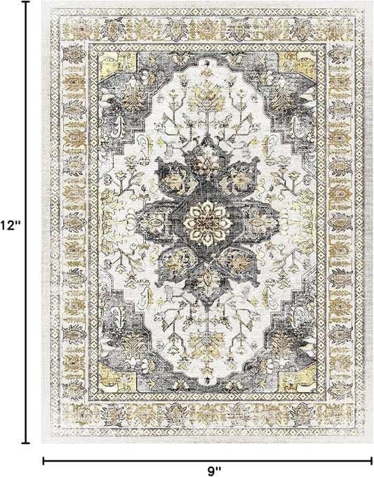 BESTSWEETIE 9x12 Area Rug Washable Rugs for Living Room, No Pile Boho Carpet for Entryway Bedroom Dinning Room, Vintage Carpet Print Distressed Non-Slip, 9 x 12 ft, Grey Brown