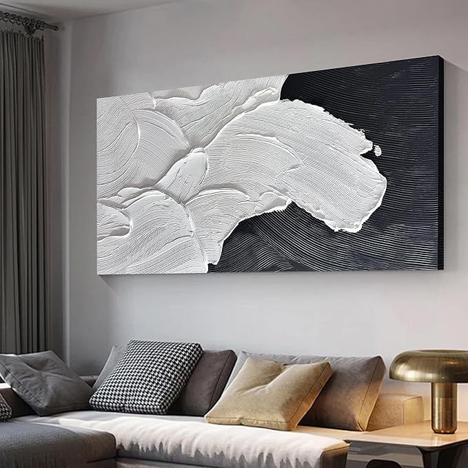 Tarfupth Black and White Abstract Wall Art for Living Room Hand-Painted Large Abstract Wave Oil Paintings Artwork for Bedroom Office Home Decor 24x48 Inch