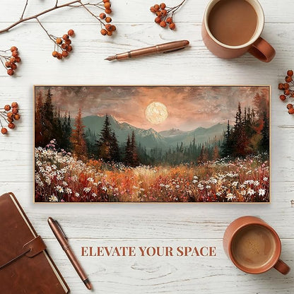 BQVCT Mountain Landscape Wall Art 24x48 Inch Wildflower Meadow Moon Framed Canvas Print Nature Scenery Painting Decor for Living Room Bedroom Office