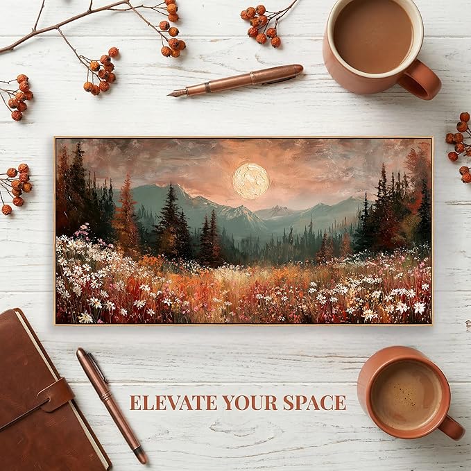 BQVCT Mountain Landscape Wall Art 20x40 Inch Wildflower Meadow Moon Framed Canvas Print Nature Scenery Painting Decor for Living Room Bedroom Office