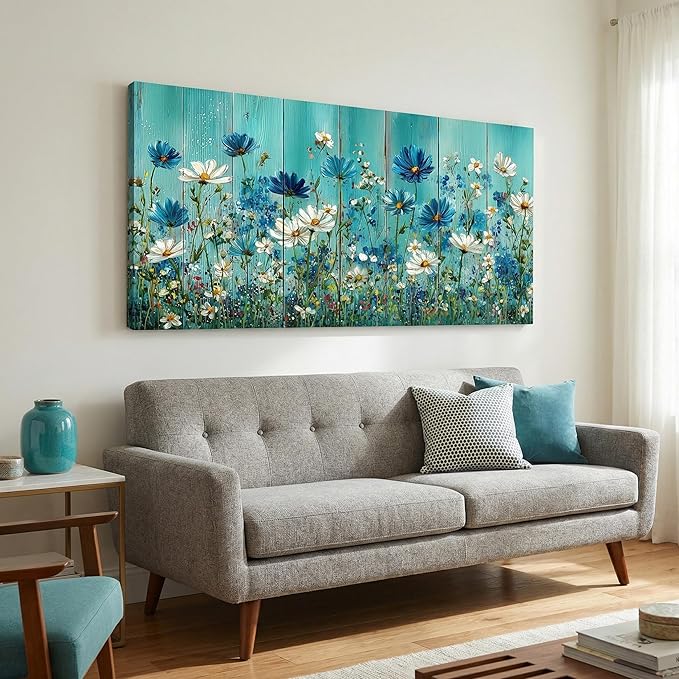 BQVCT Turquoise Blue and White Daisy Wall Art 24x48 Inch Large Gallery Wrapped Canvas Print Modern Floral Painting on Faux Wood Texture Ready to Hang for Living Room Bedroom Office Decor