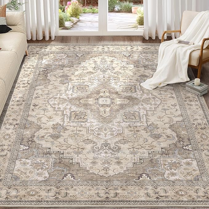 EIEIHOUSE Washable Area Rugs for Living Room - 9x12 Neutral Vintage Distressed Floral Farmhouse Boho Large Soft Floor Rug Indoor Non Slip Carpet for Bedroom Dining Room Office - Brown/Multi
