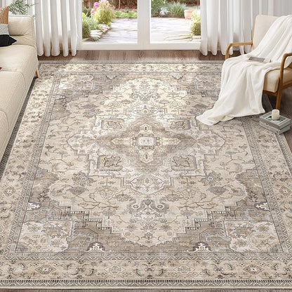EIEIHOUSE Washable Area Rugs for Living Room - 8x10 Neutral Vintage Distressed Floral Farmhouse Boho Large Soft Floor Rug Indoor Non Slip Carpet for Bedroom Dining Room Office - Brown/Multi