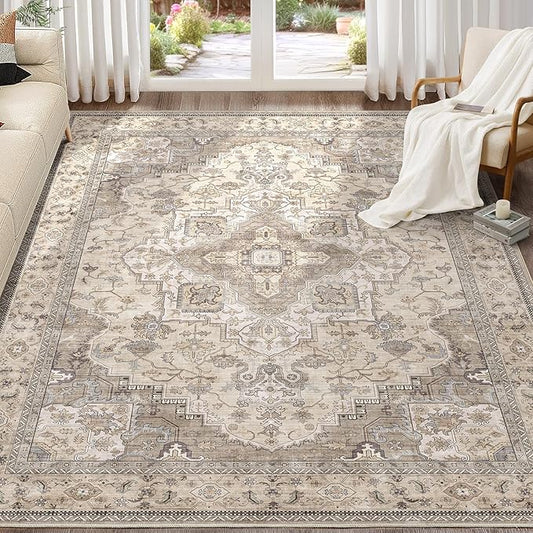 EIEIHOUSE Washable Area Rugs for Living Room -8x11 Neutral Vintage Distressed Floral Farmhouse Boho Large Soft Floor Rug Indoor Non Slip Carpet for Living Room Bedroom Dining Room Office-Brown/Multi