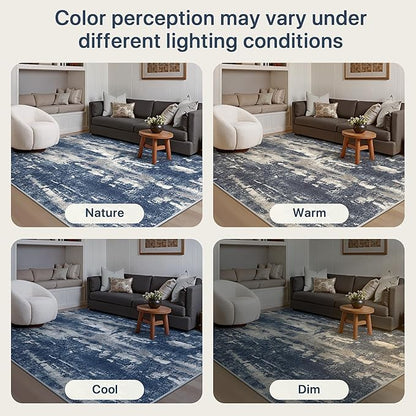 GENIMO 8x10 Area Rugs for Living Room, Machine Washable Non Slip Rugs, Low Pile Lightweight Vintage Print Rug for Bedroom, Dining Room, Home Office, Distressed Blue/Grey