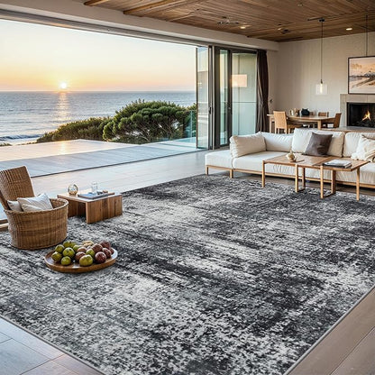 8x10 Area Rugs for Living Room - Washable Rug Modern Abstract Soft Large Neutral Non-Slip Carpet Indoor Floor Thin Carpets for Bedroom Dining Room Farmhouse Nursery Home Office Dark Black