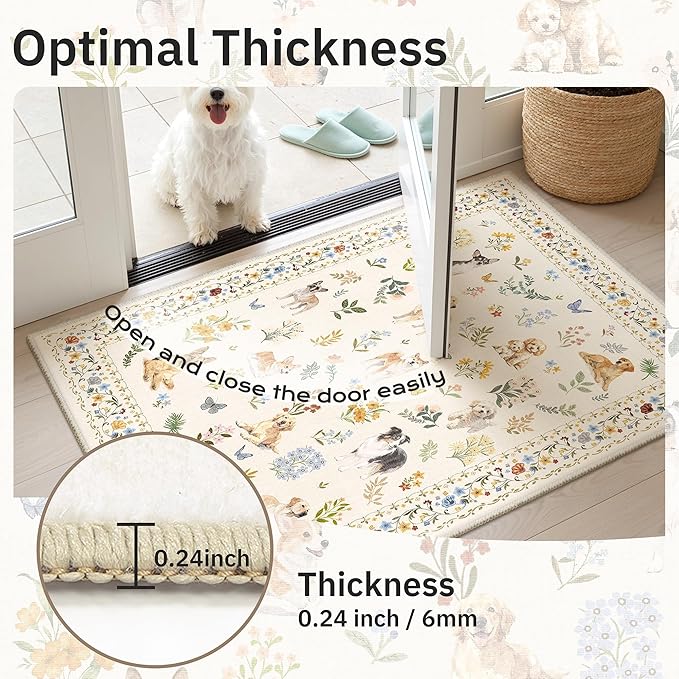 Soalmost Dog 6x9 Area Rugs for Living Room, Machine Washable Animal Floral Vintage Rug Non-Slip Low Pile Soft Throw Rugs for Bedroom Dining Room Kitchen Nursery Playroom (6 x 9,Beige)