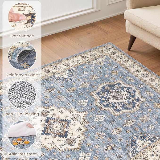 EIEIHOUSE Washable Area Rugs for Living Room - 6x9 Neutral Vintage Distressed Floral Farmhouse Boho Large Soft Floor Rug Indoor Non Slip Carpet for Living Room Bedroom Dining Room Office - Blue