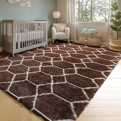 ONASAR 5x7 Area Rugs for Living Room Bedroom, Fluffy Brown and White Throw Rug, Geometric Boho Soft Plush Shaggy Floor Bedside Carpet Mat for Nursery Kids Girls Boys Teen Dorm Home Decor