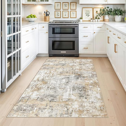 4x6 Washable Entryway Rug – Non-Slip Low-Pile Small Area Rug for Kitchen Bedroom Living Room Office – Modern Abstract Neutral Throw Carpet with Rubber Backing (Gold Grey)